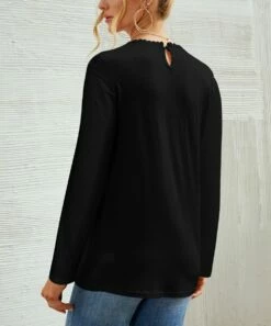 Best deal 😍 Camisa Black Lace-Yoke Long-Sleeve Crewneck Top - 👩 Women ⭐ -Women's Shirts Store zu100233415 alt 1 tm1633632509