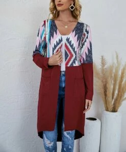 Buy ✔️ Camisa Wine & White Geometric Pocket Hi-Low Open Longline Cardigan - 👩 Women ✔️ -Women's Shirts Store zu100569257 alt 3 tm1634574498
