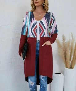 Buy ✔️ Camisa Wine & White Geometric Pocket Hi-Low Open Longline Cardigan - 👩 Women ✔️ -Women's Shirts Store zu100569257 alt 4 tm1634574498