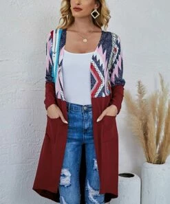 Women's Shirts Store 15 Buy βοΈ Camisa Wine & White Geometric Pocket Hi-Low Open Longline Cardigan - π© Women βοΈ