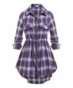 Women's Shirts Store 13 Best Pirce 𧨠Camisa Purple Plaid Drawstring-Waist Zip-Up Tunic - π© Women π