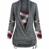Brand new 💯 Camisa Gray & Red Plaid Drawstring-Ruched Layered Top - 👩 Women 🤩 -Women's Shirts Store zu101357182 main tm1670335528