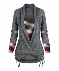 Brand new 💯 Camisa Gray & Red Plaid Drawstring-Ruched Layered Top - 👩 Women 🤩