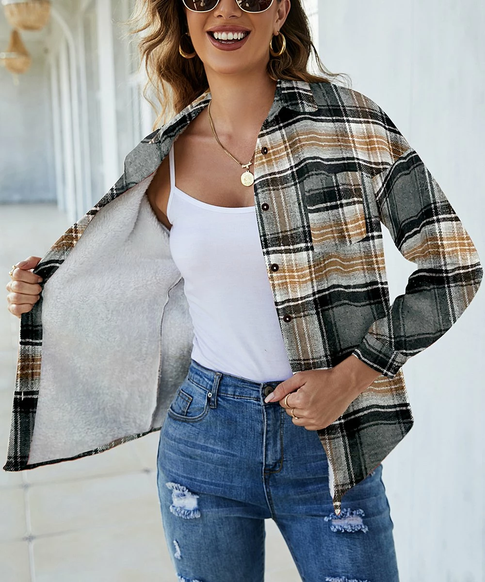 Coupon π Camisa Gray Plaid Fleece-Lined Shacket - π© Women π 5 Coupon π Camisa Gray Plaid Fleece-Lined Shacket - π© Women π - Image 3