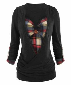 Cheap π₯ Camisa Black Plaid Button-Accent Ruched Surplice Layered Top - π© Women π
