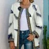 Wholesale ✨ Camisa White & Navy Feathers Embroidered-Trim Pocket Collarless 🧥 Coat - 👩 Women 🔥