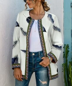 Wholesale ✨ Camisa White & Navy Feathers Embroidered-Trim Pocket Collarless 🧥 Coat - 👩 Women 🔥