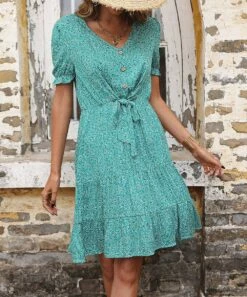 Wholesale 😉 Camisa Green Floral Button-Accent Tie-Waist Ruffled Peasant 👗 Dress - 👩 Women 🥰