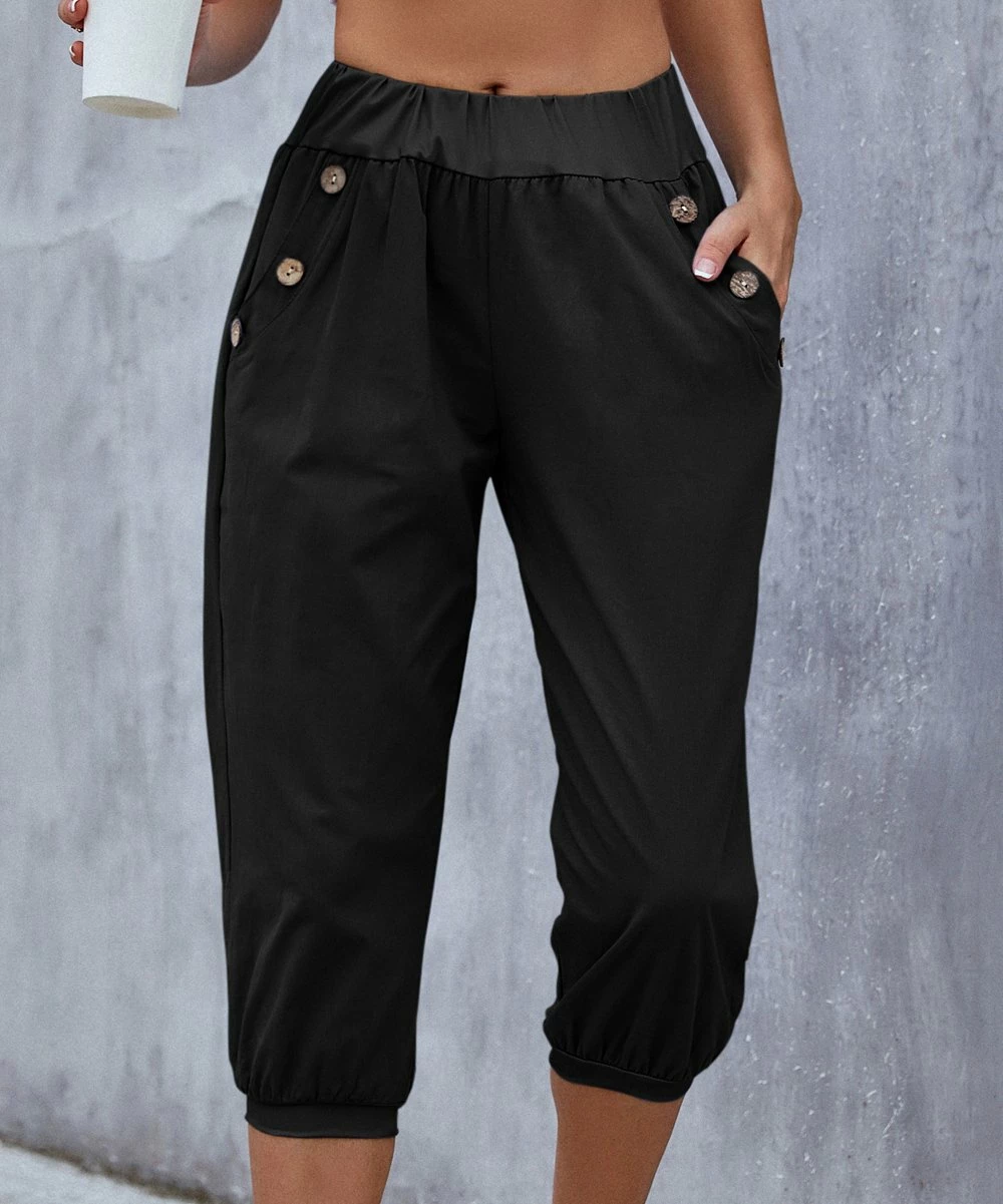 Outlet π₯° Camisa Black Button-Accent Elastic-Waist Capris - π© Women β 5 Outlet π₯° Camisa Black Button-Accent Elastic-Waist Capris - π© Women β - Image 3