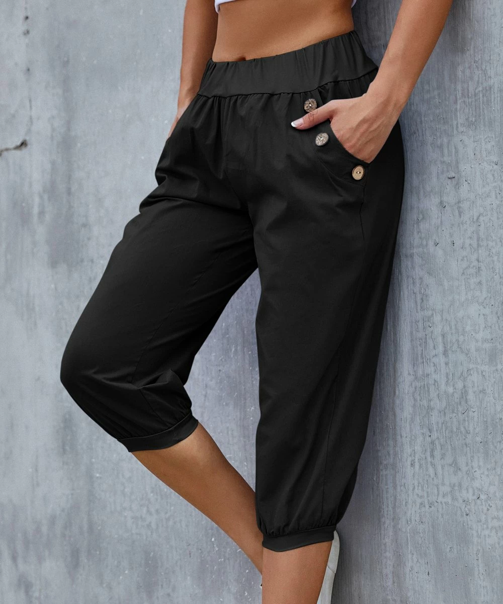 Outlet π₯° Camisa Black Button-Accent Elastic-Waist Capris - π© Women β 3 Outlet π₯° Camisa Black Button-Accent Elastic-Waist Capris - π© Women β