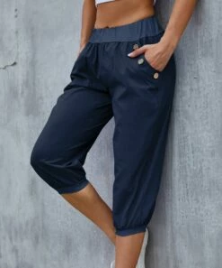 Best deal β¨ Camisa Navy Button-Accent Elastic-Waist Capris - π© Women π