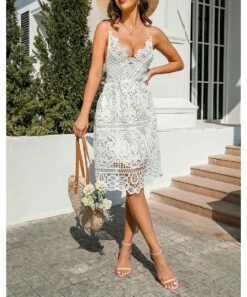 Hot Sale 🎉 Camisa White Crochet-Overlay Sleeveless A-Line 👗 Dress - 👩 Women 🥰 -Women's Shirts Store zu104558199 alt 1 tm1648492895
