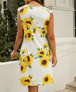 Hot Sale ❤️ Camisa White & Yellow Sunflower Sleeveless Notch Neck 👗 Dress - 👩 Women ✨ -Women's Shirts Store zu105098201 alt 1 tm1650026884