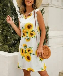 Hot Sale ❤️ Camisa White & Yellow Sunflower Sleeveless Notch Neck 👗 Dress - 👩 Women ✨ -Women's Shirts Store zu105098201 alt 2 tm1650026884