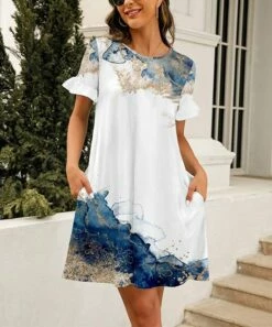 Best Pirce 🎉 Camisa White & Blue Marble Ruffle-Sleeve Pocket Shift 👗 Dress - 👩 Women 🔔