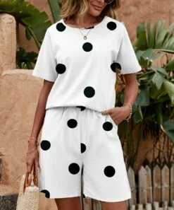 Best Pirce π― Camisa White & Dot Polka Dot Crewneck Tee & Shorts - π© Women π
