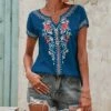 Discount ⭐ Camisa Navy & Blue Floral Short-Sleeve Notch Neck Top - 👩 Women 🛒 -Women's Shirts Store zu106098582 main tm1653332955
