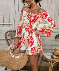 Budget 💯 Camisa Red Floral Off-Shoulder Romper - 👩 Women 😍 -Women's Shirts Store zu106472818 alt 3 tm1654708789