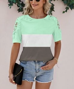 Women's Shirts Store 17 Best deal π₯ Camisa Green Color Block Lace-Sleeve Top - π© Women π