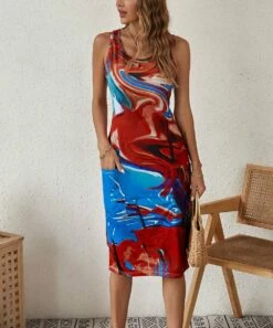 Wholesale 💯 Camisa Red & Blue Abstract Bodycon Sleeveless 👗 Dress - 👩 Women 😀