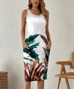 Hot Sale 💯 Camisa White & Green Leaf Pocket Sleeveless 👗 Dress - 👩 Women 👍 -Women's Shirts Store zu106771738 alt 2 tm1655818301