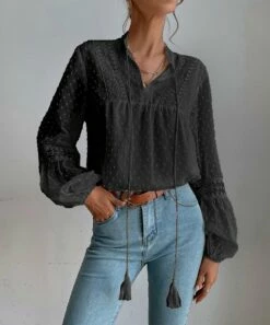 Best Pirce π₯ Camisa Black Swiss Dot Tie-Neck Puff-Sleeve Top - π© Women π