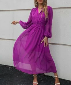 Best deal 🧨 Camisa Purple Tie-Neck Bishop-Sleeve Maxi 👗 Dress - 👩 Women 😀