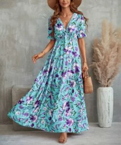 Women's Shirts Store 29 Deals π Camisa Blue Floral Ruffle V-Neck Short-Sleeve Maxi π Dress - π© Women βοΈ