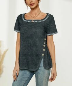 Flash Sale π Camisa Dark Gray Contrast-Trim Button Slit-Side Boatneck Top - π© Women π