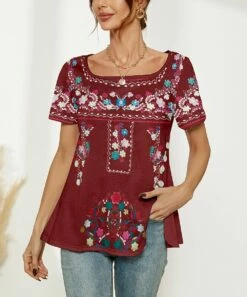 New ✔️ Camisa Wine Floral Button Slit-Side Boatneck Top - 👩 Women 🔔 -Women's Shirts Store zu107692298 alt 1 tm1658838554