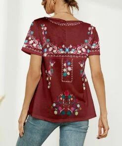 New ✔️ Camisa Wine Floral Button Slit-Side Boatneck Top - 👩 Women 🔔 -Women's Shirts Store zu107692298 alt 2 tm1658838554