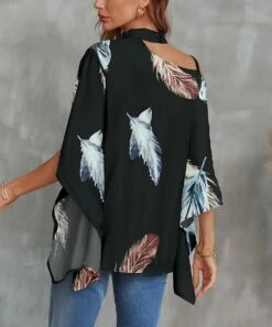 Wholesale ⭐ Camisa Navy Feather Shoulder-Cutout Cape-Sleeve Top - 👩 Women 😀 -Women's Shirts Store zu107692342 alt 1 tm1658838554
