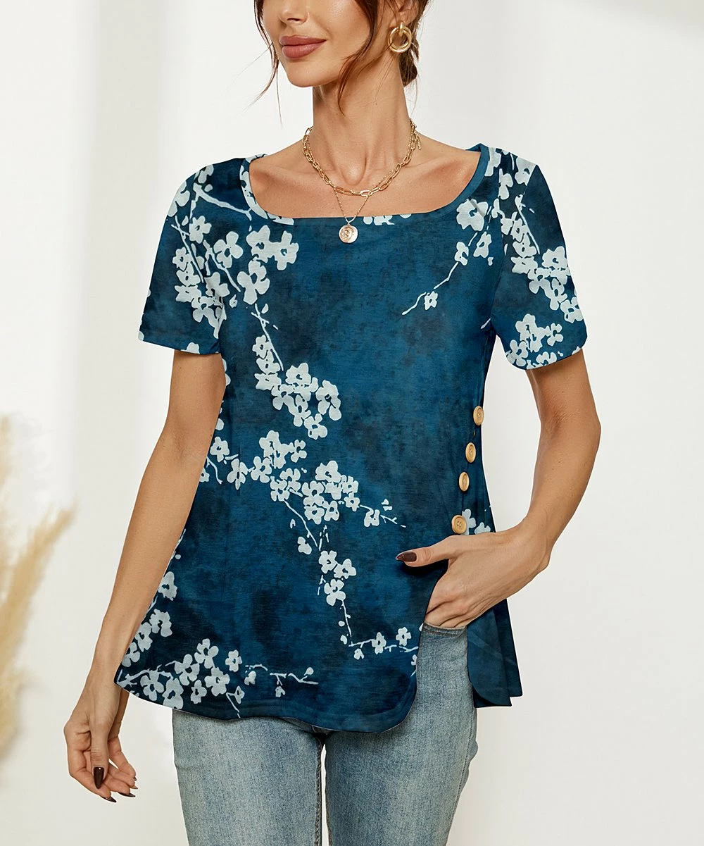 Promo π Camisa Navy Floral Button-Accent Slit-Side Boatneck Top - π© Women π₯° 4 Promo π Camisa Navy Floral Button-Accent Slit-Side Boatneck Top - π© Women π₯° - Image 2