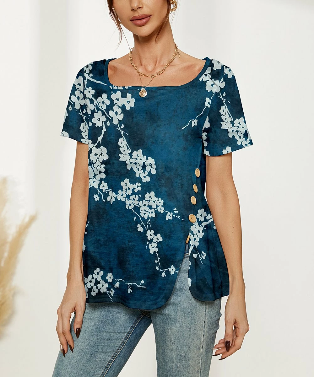 Promo π Camisa Navy Floral Button-Accent Slit-Side Boatneck Top - π© Women π₯° 3 Promo π Camisa Navy Floral Button-Accent Slit-Side Boatneck Top - π© Women π₯°