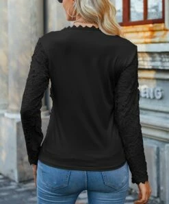 Coupon ⭐ Camisa Black Lace-Overlay Boatneck Long-Sleeve Top - 👩 Women 🔔 -Women's Shirts Store zu108006064 alt 2 tm1659704377