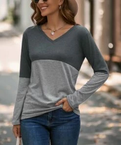 Women's Shirts Store 11 Budget π Camisa Gray & Gray Color Block Long-Sleeve V-Neck Top - π© Women π