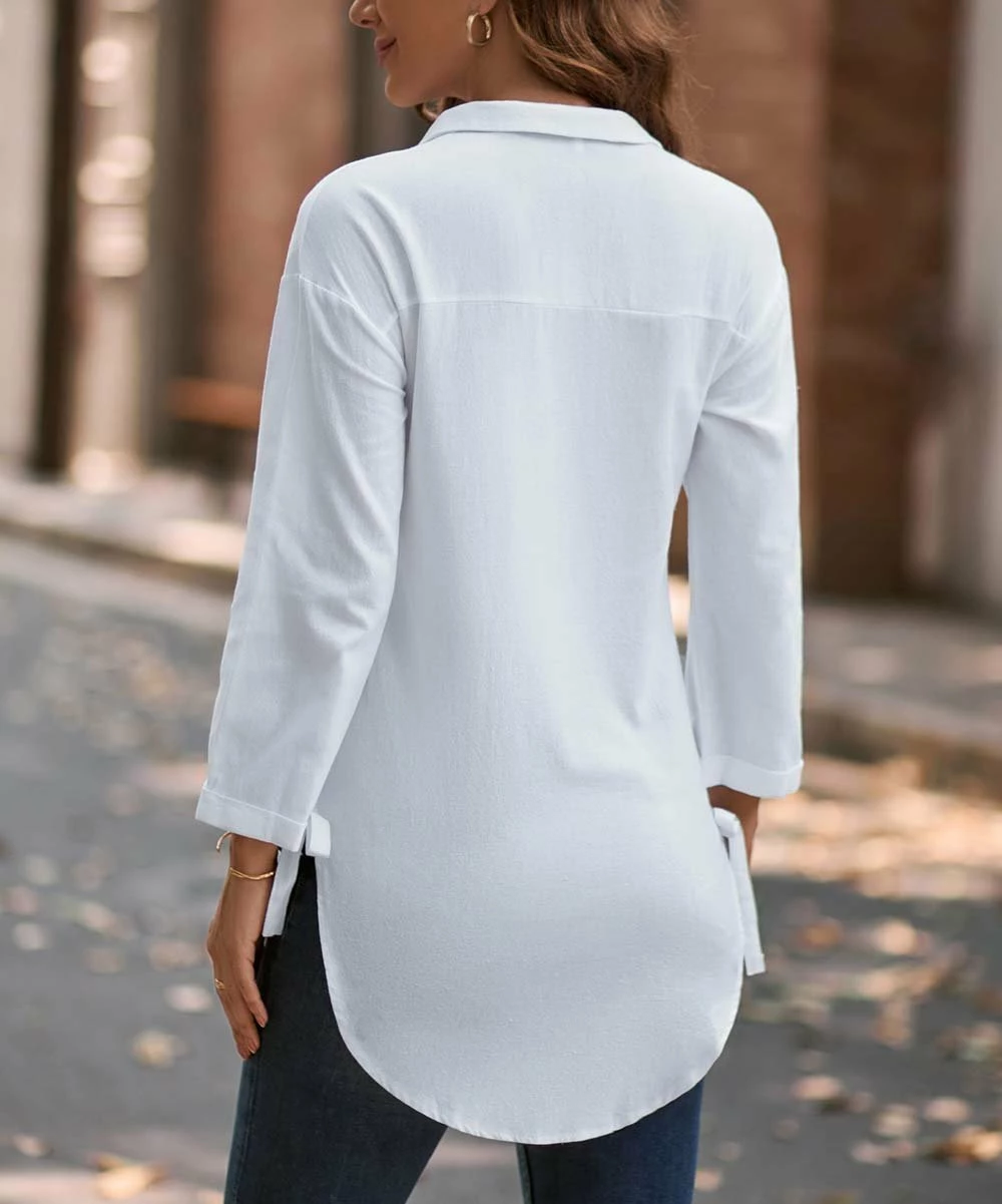 Discount π Camisa White Curved-Hem Button-Up - π© Women β 5 Discount π Camisa White Curved-Hem Button-Up - π© Women β - Image 3