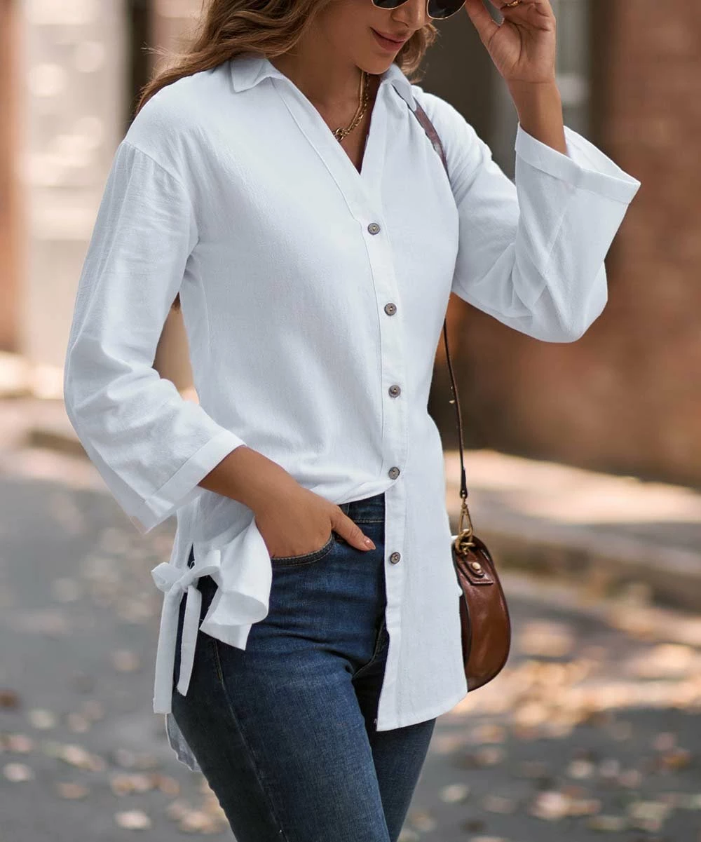 Discount π Camisa White Curved-Hem Button-Up - π© Women β 6 Discount π Camisa White Curved-Hem Button-Up - π© Women β - Image 4