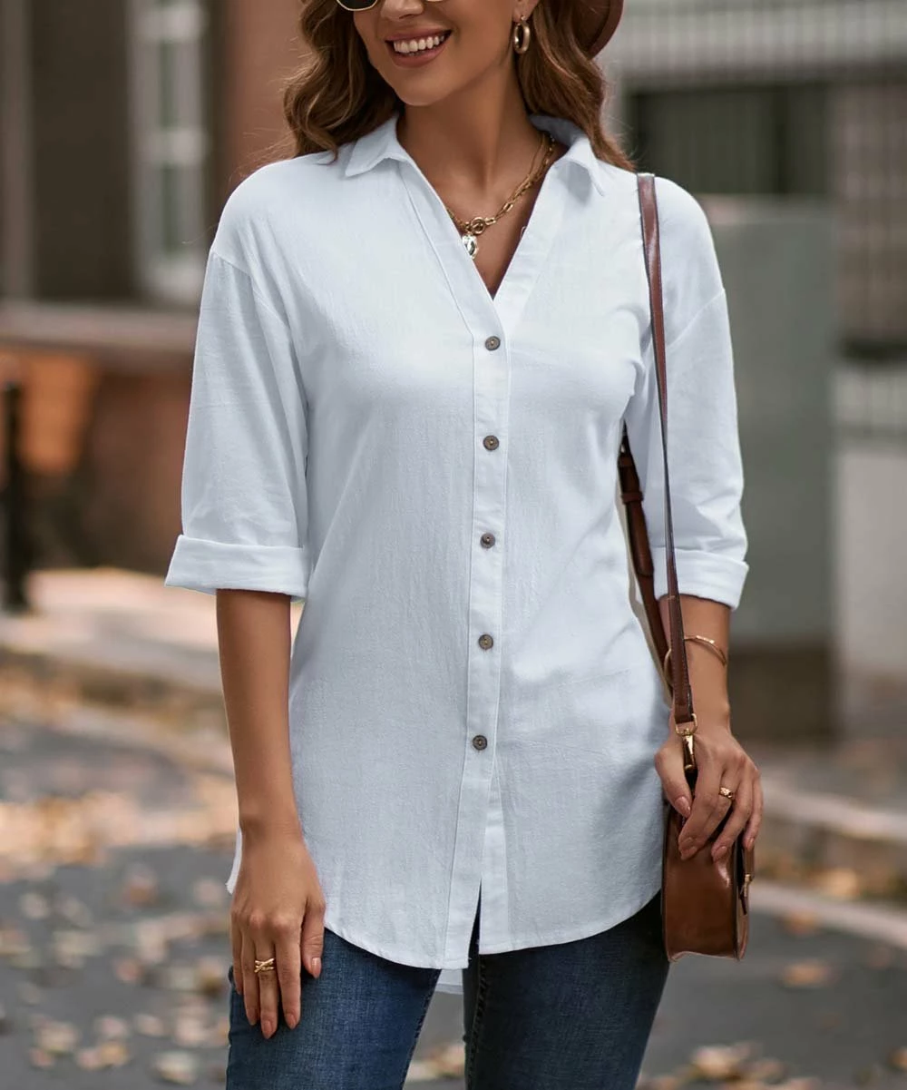 Discount π Camisa White Curved-Hem Button-Up - π© Women β 7 Discount π Camisa White Curved-Hem Button-Up - π© Women β - Image 5
