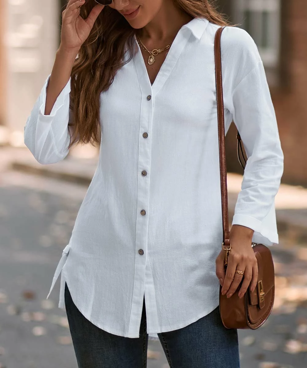 Discount π Camisa White Curved-Hem Button-Up - π© Women β 3 Discount π Camisa White Curved-Hem Button-Up - π© Women β