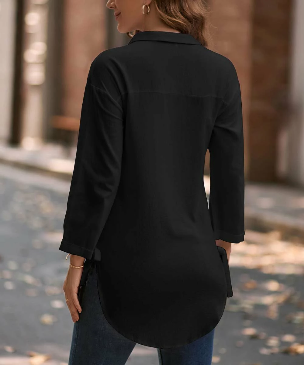 Top 10 π Camisa Black Curved-Hem Button-Up - π© Women π 5 Top 10 π Camisa Black Curved-Hem Button-Up - π© Women π - Image 3