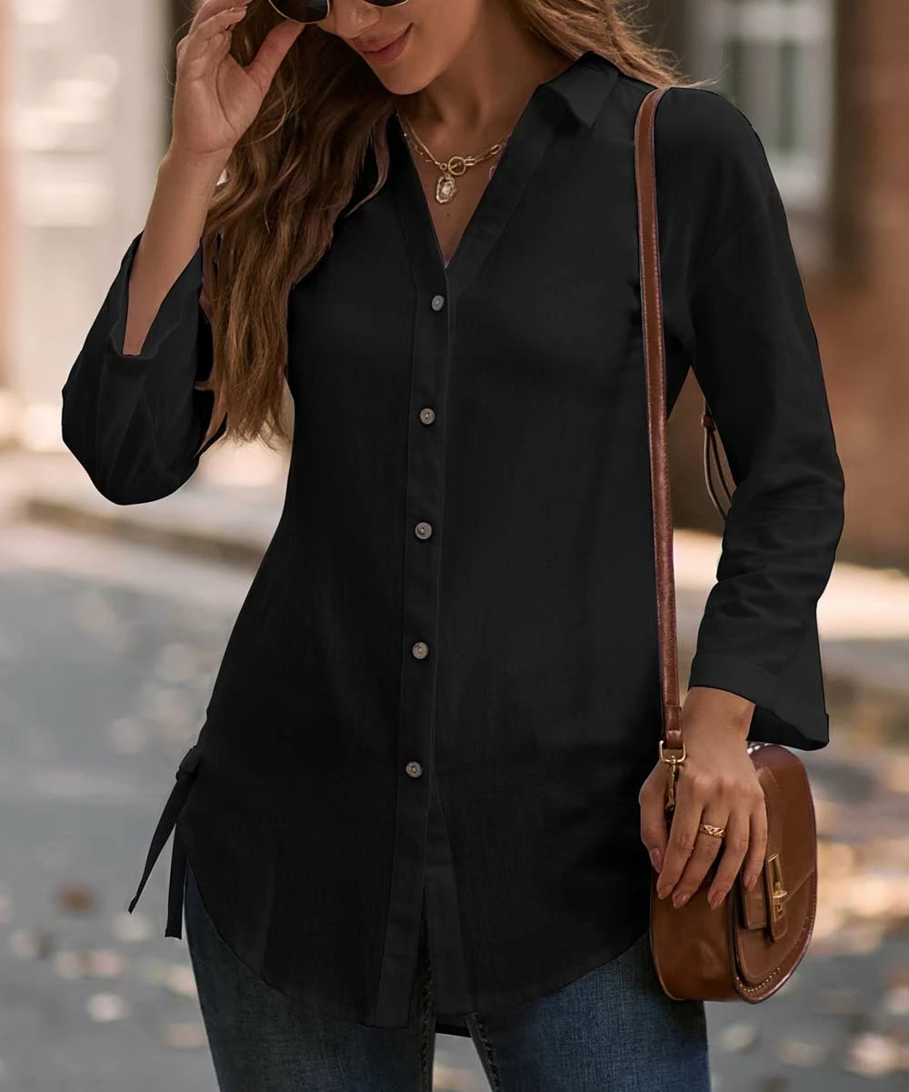 Top 10 π Camisa Black Curved-Hem Button-Up - π© Women π 3 Top 10 π Camisa Black Curved-Hem Button-Up - π© Women π