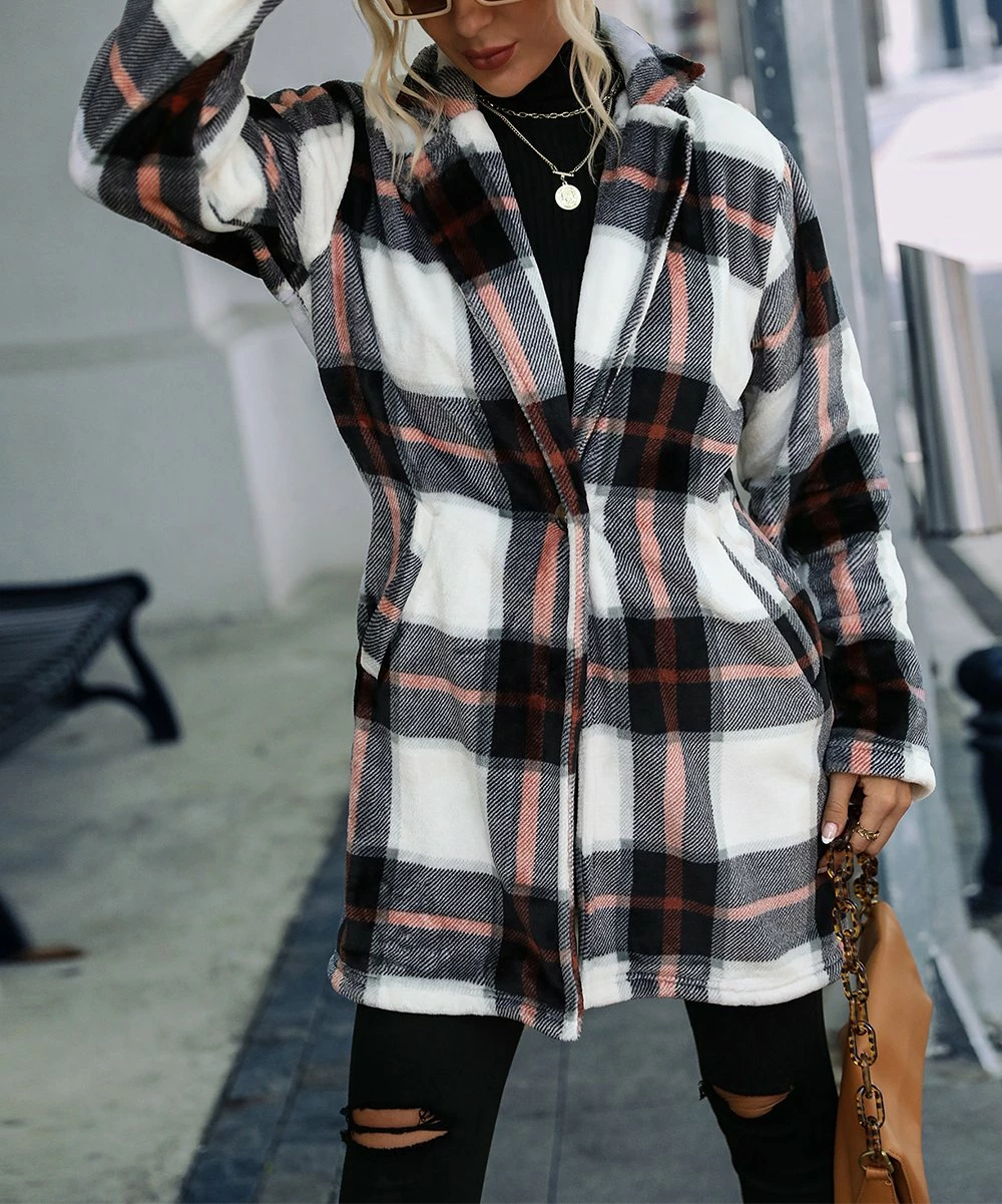 Cheap π― Camisa Black & White Plaid Lapel-Collar Button-Up Overcoat - π© Women β 4 Cheap π― Camisa Black & White Plaid Lapel-Collar Button-Up Overcoat - π© Women β - Image 2