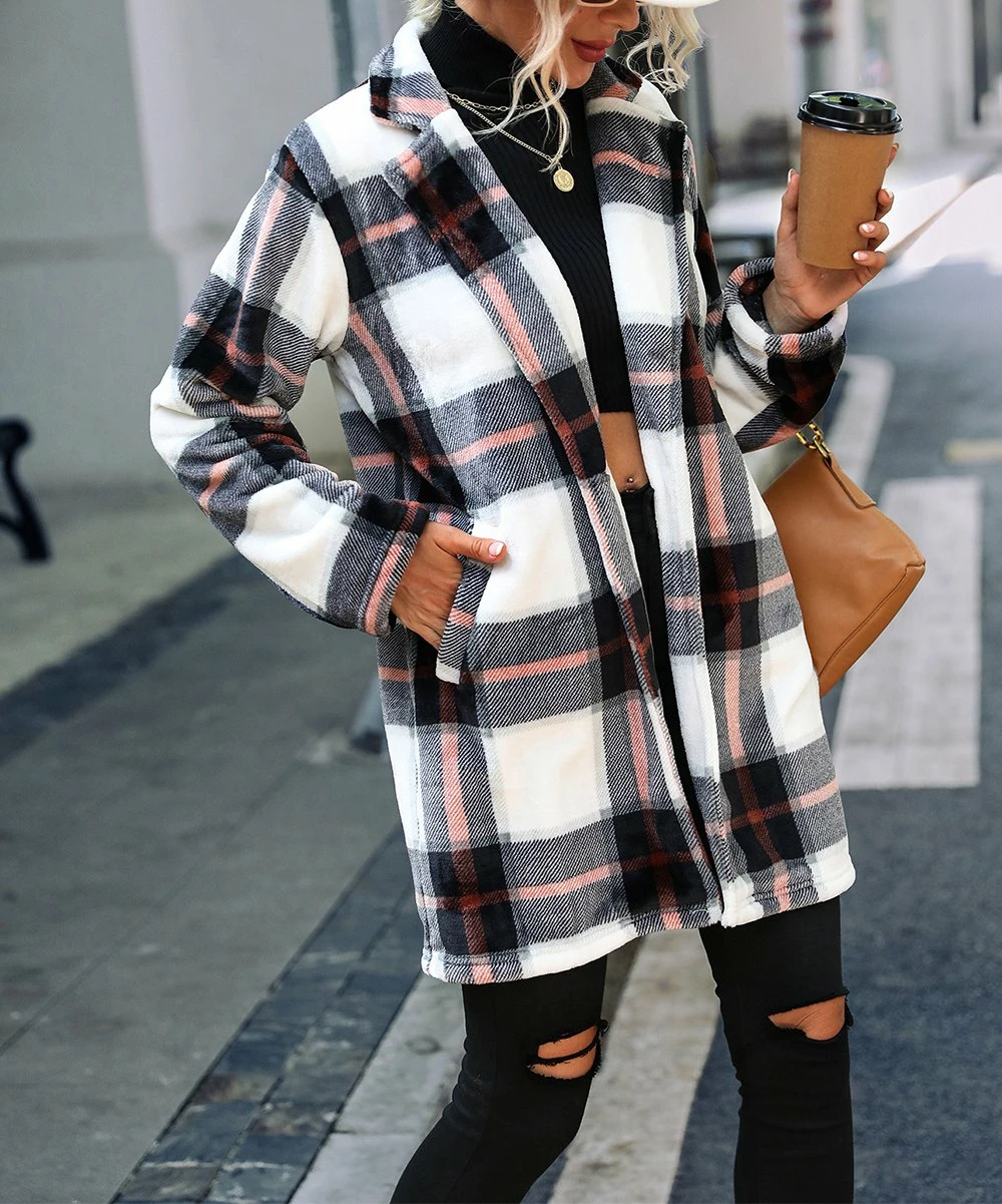 Cheap π― Camisa Black & White Plaid Lapel-Collar Button-Up Overcoat - π© Women β 3 Cheap π― Camisa Black & White Plaid Lapel-Collar Button-Up Overcoat - π© Women β