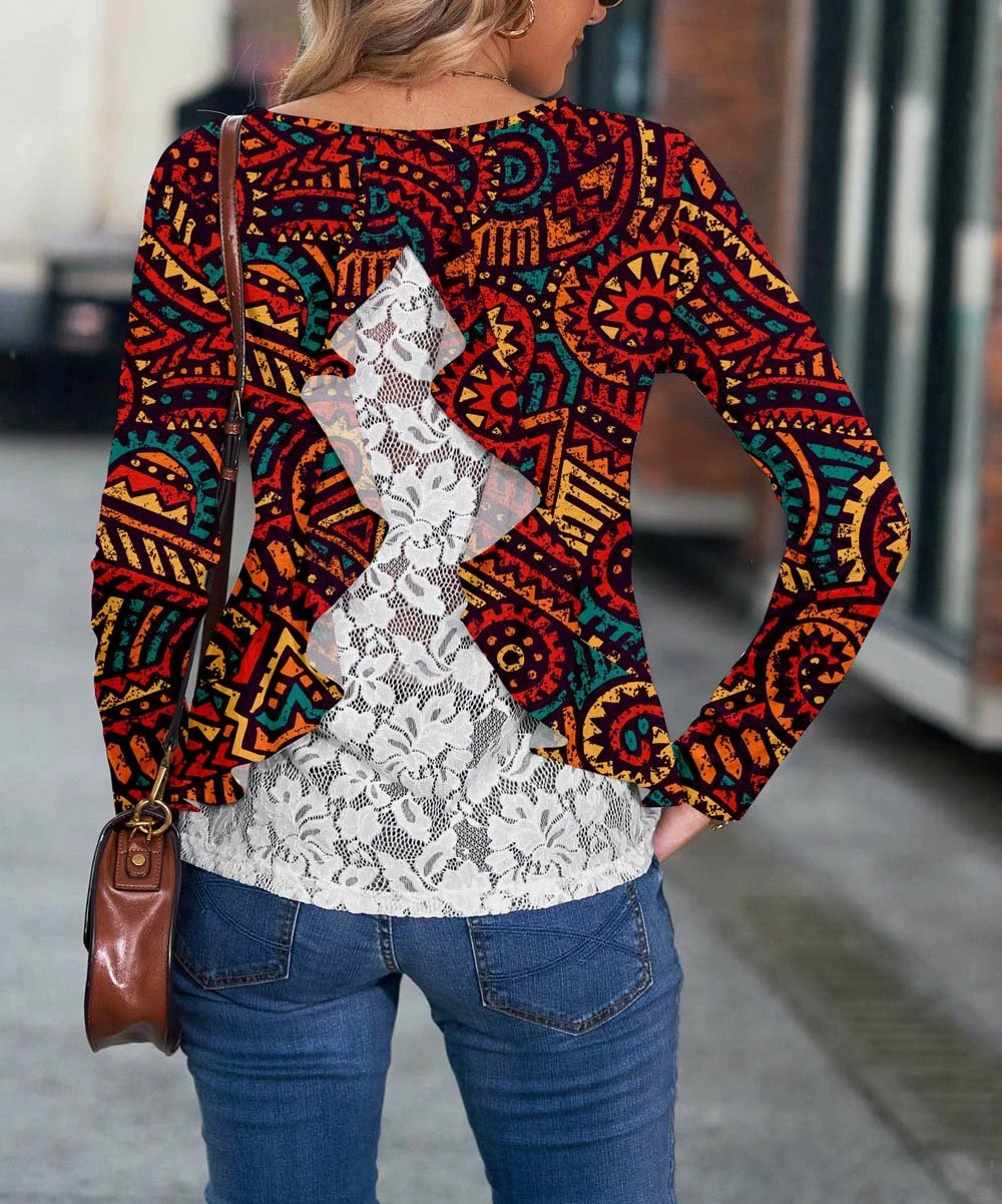 Buy π Camisa Red Geometric Lace-Panel Long-Sleeve Tee - π© Women π― 3 Buy π Camisa Red Geometric Lace-Panel Long-Sleeve Tee - π© Women π―