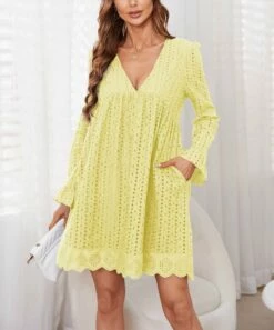 Coupon 😉 Camisa Yellow Eyelet Romper-Lined A-Line 👗 Dress - 👩 Women 🎁 -Women's Shirts Store zu108571596 alt 1 tm1662056910