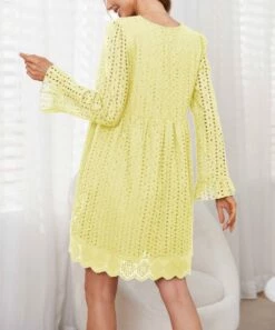 Coupon 😉 Camisa Yellow Eyelet Romper-Lined A-Line 👗 Dress - 👩 Women 🎁 -Women's Shirts Store zu108571596 alt 2 tm1662056910