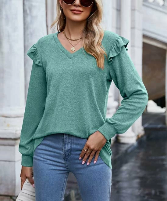 Buy π₯° Camisa Green Ruffle-Accent Long-Sleeve V-Neck Top - π© Women π 3 Buy π₯° Camisa Green Ruffle-Accent Long-Sleeve V-Neck Top - π© Women π