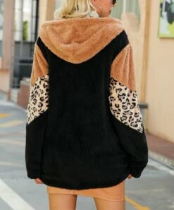 Promo 😍 Camisa Khaki & Black Leopard Patchwork Zip-Up Hooded Teddy Jacket - 👩 Women ✔️ -Women's Shirts Store zu109367609 alt 2 tm1664392809
