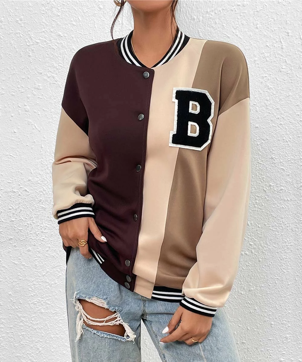 Promo π― Camisa Khaki & Brown Color Block Snap-Up Varsity Jacket - π© Women π₯ 4 Promo π― Camisa Khaki & Brown Color Block Snap-Up Varsity Jacket - π© Women π₯ - Image 2